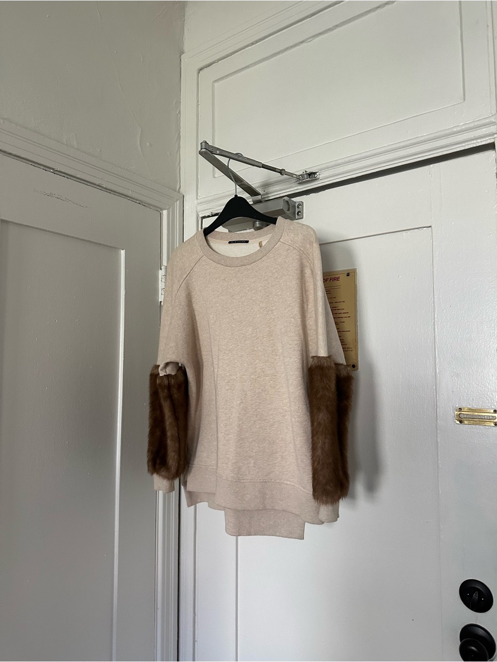 Elie Tahari Cream Crewneck Sweater with Brown Faux Fur Sleeve Panels